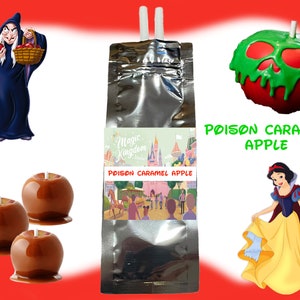 May include: A package of Magic Kingdom Poison Caramel Apple mix with a green apple with a skull and dripping green caramel on top. There are three caramel apples with red centers and brown caramel on top. The text on the package says "Poison Caramel Apple".