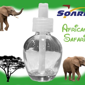 May include: A clear glass bottle with a white pump top and a white stick inside. The bottle is labeled "Soarin' African Safari". The image also includes two elephants.