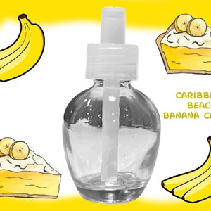 May include: A clear glass bottle with a white pump top and a white straw inside. The bottle is labelled "CARIBBEAN BEACH BANANA CABANA". The image also includes illustrations of bananas and banana cream pie.