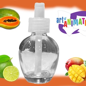 May include: A clear glass air freshener bottle with a white top, surrounded by fresh fruit. The image includes a papaya, lime, and mango. The text "art of ANIMATION" is also present.