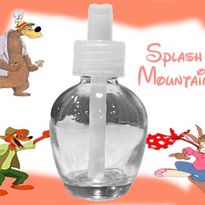 May include: A clear glass bottle with a white pump top and a white tube inside. The bottle is labelled "Splash Mountain". The bottle is surrounded by cartoon characters.