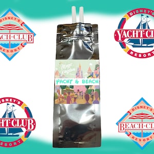 May include: A silver pouch with a straw, featuring a colorful illustration of Cinderella's castle and the text "Magic Kingdom Yacht & Beach". The pouch is surrounded by four logos for Disney's Yacht Club and Beach Club Resorts.