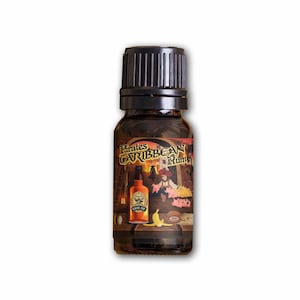 May include: A small glass bottle with a black ribbed cap containing liquid. The label features the text Pirates Caribbean Rum, an illustration of a rum bottle, a pirate figure, three small pink pigs, and a yellow banana on a wooden surface.