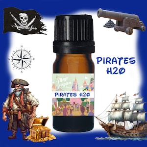 May include: A brown glass bottle with a black cap, labeled "Pirates H20." The label features a pirate theme with a pirate ship, treasure chest, and a pirate illustration. Additional pirate-themed graphics include a skull and crossbones flag, a compass, and a cannon.