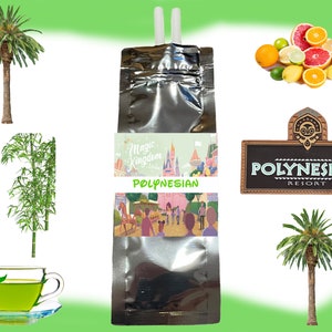 May include: A silver pouch with a straw, featuring a colourful illustration of the Polynesian Village Resort at Walt Disney World. The pouch has the text "Magic Kingdom" and "Polynesian" on it. The image also includes a sign for the Polynesian Village Resort, a cup of green tea, a lemon, and palm trees.