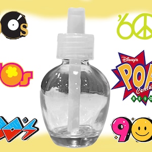 May include: A clear glass bottle with a white pump top. The bottle is shaped like a heart and has a white dropper inside. The bottle is surrounded by colorful graphics representing different decades, including the 50s, 60s, 70s, 80s, and 90s.