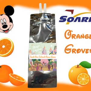 May include: A silver pouch with a white label that says "Magic Kingdom" and "Soarin' Over California Orange Groves". The pouch has a white straw sticking out of the top. The background is orange with a Mickey Mouse head and orange slices.