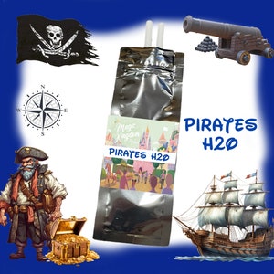 May include: A silver pouch with a pirate theme, featuring a pirate ship, a pirate flag, a compass, and a cannon. The pouch has a label that says "Pirates H2O" and "Magic Kingdom".