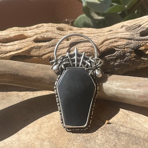 Matte Onyx coffin sterling silver spider web pendant