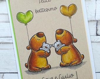 Tarjeta de felicitación personalizada para bautizo de gemelos - Pareja de niños o niñas - Tarjeta de bautizo pintada a mano y personalizada