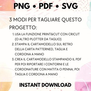 May include: A pink, white, and green graphic with the text "PNG &bull; PDF &bull; SVG" and "3 MODI PER TAGLIARE QUESTO PROGETTO:" followed by three numbered instructions in Italian on how to cut out a design. The graphic also includes the text "INSTANT DOWNLOAD".