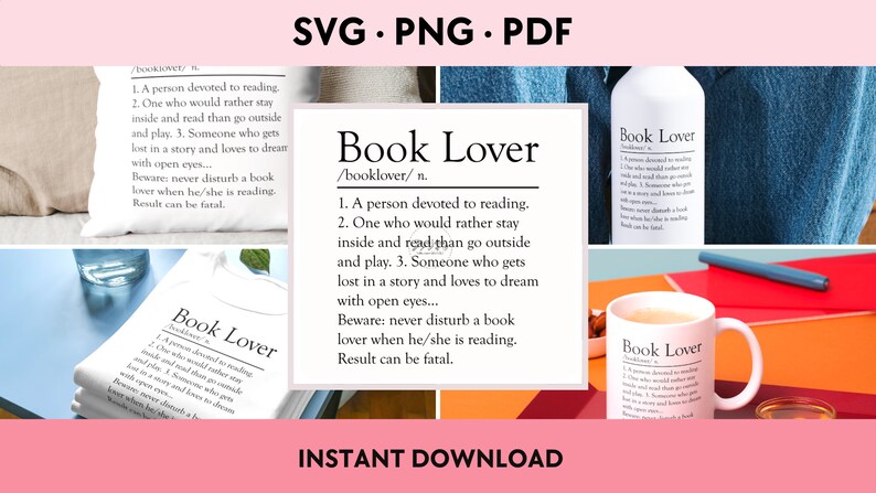 Book Lover dictionary definition File SVG PNG PDF instant download immagine 1
