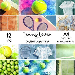 12 TENNIS LOVER A4 ORIZZONTALE / Digital paper set / Patterned paper / Carta digitale scrapbook stampabile acquerello | Instant dowload