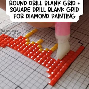 May include: A close-up of a diamond painting project in progress. The image shows a grid with red and yellow diamond drills being applied with a pink and white tool. Text on the image reads: ROUND DRILL BLANK GRID + SQUARE DRILL BLANK GRID FOR DIAMOND PAINTING.