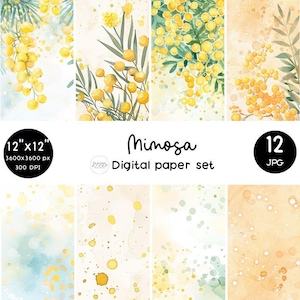 12 MIMOSA flower 12x12 Digital paper set / Patterned paper / Carta digitale scrapbook stampabile floreale acquerello | Instant dowload