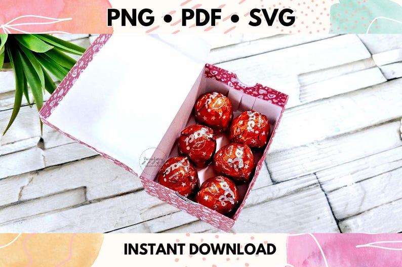 May include: A pink and white patterned box with a white interior, filled with six red chocolate candies. The box is open and the candies are visible. The text "PNG &bull; PDF &bull; SVG" is at the top of the image. The text "INSTANT DOWNLOAD" is at the bottom of the image.