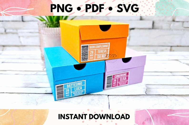 May include: Three shoe boxes stacked on top of each other. The top box is orange and says "BUON COMPLEANNO TERESA DA NO" The middle box is blue and says "BATTESIMO LUCA". The bottom box is purple and says "COMUNIONE ELISA".