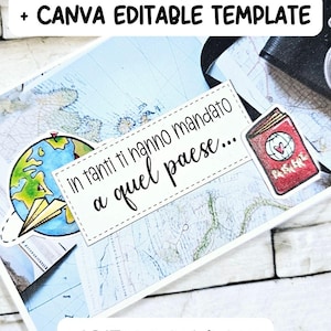 Può includere: Un modello da scaricare digitalmente con sfondo di una mappa, un globo con un aeroplanino di carta e l'icona di un passaporto rosso. Il testo centrale recita "in tanti ti hanno mandato a quel paese..." con etichette SVG, PDF e Canva.
