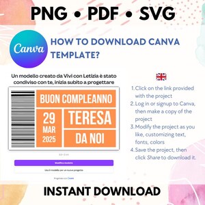May include: A Canva template for a birthday card with the text "BUON COMPLEANNO" and "TERESA" in orange and black text. The card also includes the date "29 MAR 2025" and the text "DA NOI". The image includes instructions on how to download the template.