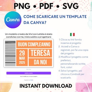 May include: A digital download template for a birthday card. The template features a colorful design with the text "Buon Compleanno Teresa" and the date "29 Mar 2025". The text "Instant Download" is also visible.