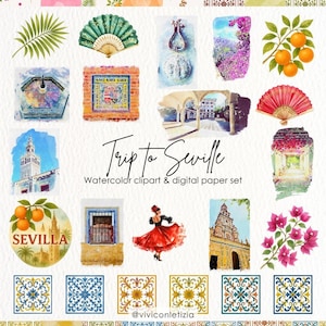 Sevilla aquarel clipart PNG, digitaal papier, Spaanse architectuur, bloemenazulejos, Andalusië reisdagboek, scrapbook sentimenten