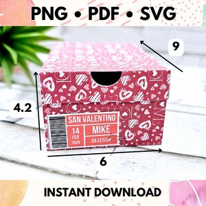 May include: A red and white shoebox with a heart pattern. The box is 6 inches wide, 4.2 inches tall, and 9 inches long. The box has a label that says "San Valentino Mike 14 Feb 2025 Da Letizia".