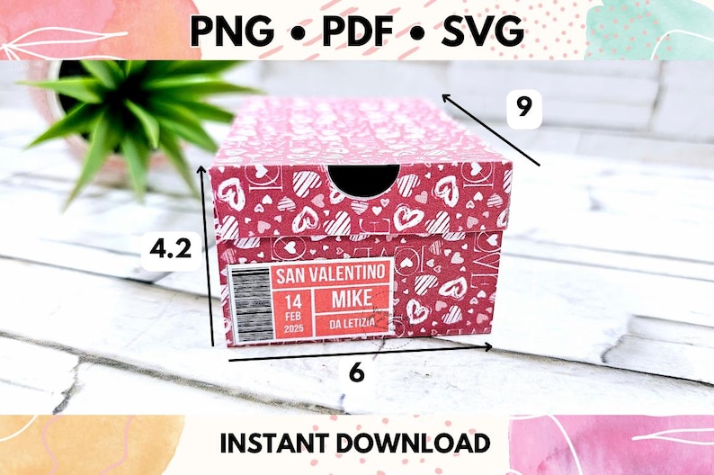 May include: A red and white shoebox with a heart pattern. The box is 6 inches wide, 4.2 inches tall, and 9 inches long. The box has a label that says "San Valentino Mike 14 Feb 2025 Da Letizia".