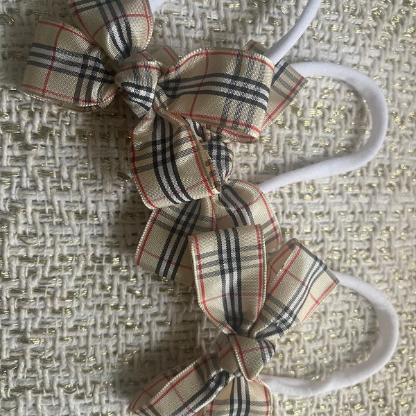 1 Tan plaid head band with bow hair bow hair tie baby headband nylon headband soft headband lightweight headband