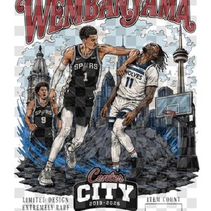 Puede incluir: Ilustración de jugadores de baloncesto en acción, con el texto "WEMBANYAMA" en rojo. La imagen incluye el texto "Center City 2019-2026" y "He Got Bows." Los jugadores llevan camisetas con los números 1, 9 y 11.