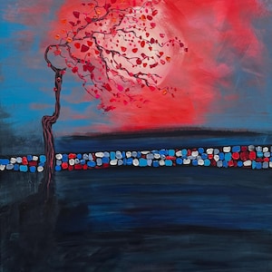 Bold Tree Painting: Vivid Pinks & Deep Blues