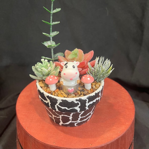 Mini short 2 inch high 3.5 inch round  faux succulent cow print terra cotta pot with figurines and mushrooms