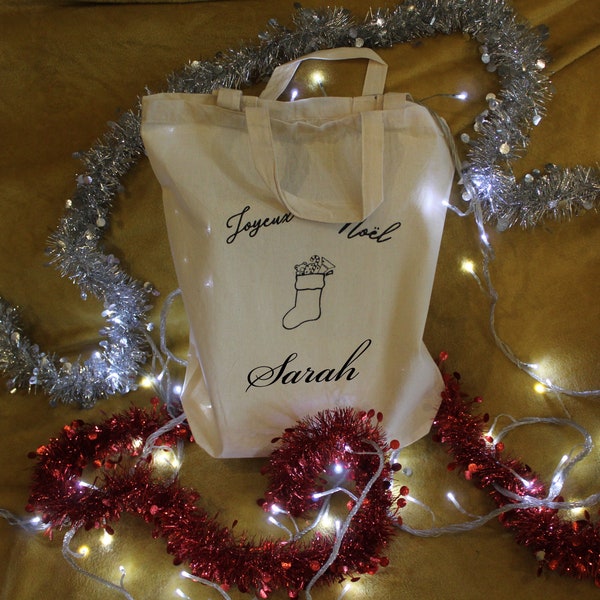 Tote bag noël personnalisable prénom , sac cabas , sac fourre tout custom , tote bag personnalisé