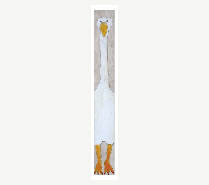 May include: A white goose with a long neck and orange feet is painted on a wooden panel. The goose has a yellow beak and black eyes.