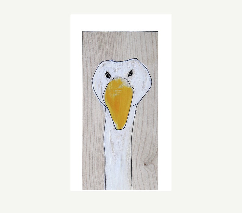 May include: A white goose with a yellow beak painted on a wood panel.