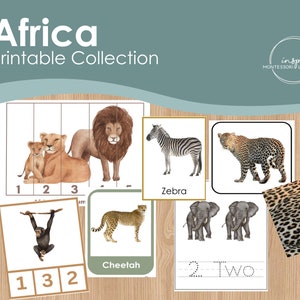 Africa Continent Study, African Animal Matching, Tracing Words and Numbers, African Animal Skins and Patterns, African Puzzles, Montessori