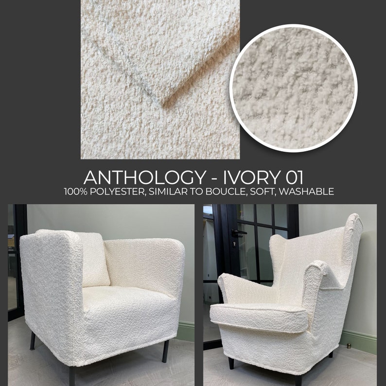 May include: Two white armchair covers made of a soft, fluffy, ivory-colored fabric. The fabric is 100% polyester and is similar to boucle. The text "ANTHOLOGY - IVORY 01" and "100% POLYESTER, SIMILAR TO BOUCLE, SOFT, WASHABLE" is displayed below the image.