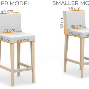 May include: Two wooden bar stools with white cushioned seats. The larger stool measures 44 inches tall, 41 inches wide, and 48 inches deep. The smaller stool measures 38 inches tall, 35 inches wide, and 40 inches deep.