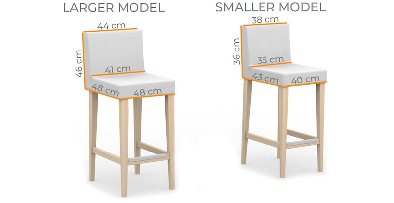 May include: Two wooden bar stools with white cushioned seats. The larger stool measures 44 inches tall, 41 inches wide, and 48 inches deep. The smaller stool measures 38 inches tall, 35 inches wide, and 40 inches deep.