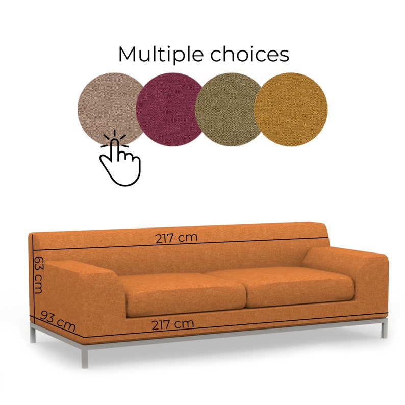 Może przedstawiać: Duża pomarańczowa sofa o szerokości 217 cm i głębokości 93 cm. Sofa ma tapicerkę z tkaniny o fakturowanym wzorze. Obraz przedstawia r&oacute;żne opcje tkanin do sofy, w tym beżową, bordową, oliwkową i musztardową.