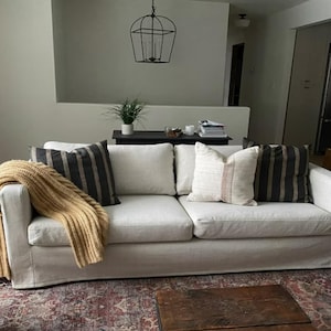 KARLSTAD 2-Seat Sofa Cover With Long Skirt Hand Made With Multiple Color and Fabric Options - Custom made to fit Karlstad couch