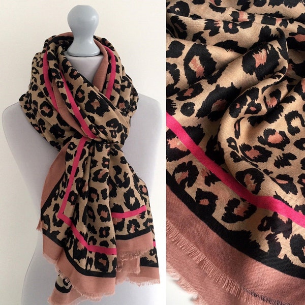 Womens Fuchsia Pink Leopard Print Scarf, Colour Block Multi Colour Scarf Shawl Wrap, Long Large Ladies Scarf, Gift for Her, Animal, Vintage