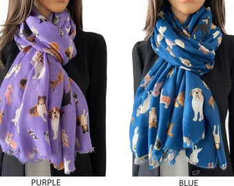 Dog Gift, Dog Print Scarf Cotton Scarf, Womens 40th 50th 60th Birthday Present Lightweight Wrap Spring Summer Autumn Christmas Gifts Mum Nan