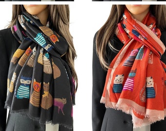 Cat Gifts for Cat Lovers | Scarf with Cats | Cat Gift | Rainbow Scarves Black Cat Print Scarf | Letterbox Gift for Her Women Mum Mothers Day