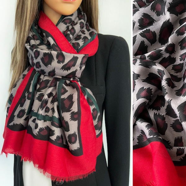 Womens Grey Red Leopard Print Scarf, Colour Block Multi Colour Scarf Shawl Wrap, Long Large Ladies Scarf Gift for Her, Soft, Animal, Vintage