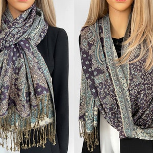 Ladies Purple Teal Paisley Scarf, Womens Shawl Wrap, Evening Pashmina Shawl, Wedding Shawl, Wrap Scarves, Multi Colour Long Large Reversible image 1