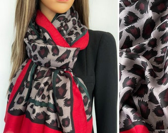 Womens Grey Red Leopard Print Scarf, Colour Block Multi Colour Scarf Shawl Wrap, Long Large Ladies Scarf Gift for Her, Soft, Animal, Vintage