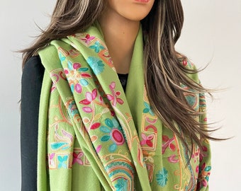 Écharpe florale cachemire verte colorée, écharpe en coton et cachemire pour femme, châle de soirée en pashmina, écharpe de mariage, couverture oversize