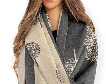 LUXURY Beige Cashmere Scarf, Mulberry Tree of Life Print Reversible Winter Shawl, Large Oversized Scarf Blanket Wrap, Cotton, Gifts For Her