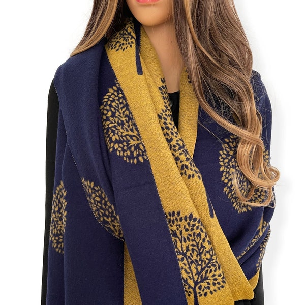Navy Blue Mulberry Tree Cashmere Scarf LUXURY Reversible Winter Shawl Large Oversized Scarf Blanket Wrap, Tree of Life Print, Gifts For Her