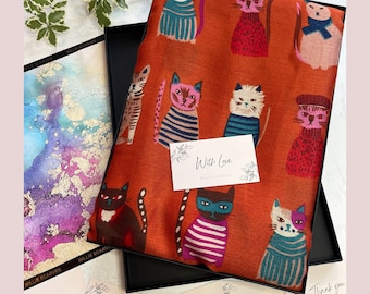 Cat Gift | Cat Print Scarf Orange Cotton Scarf | Scarf Gift Box Letterbox Gift | Gift for Her Women Mum Mothers Day Gift | Christmas Gifts